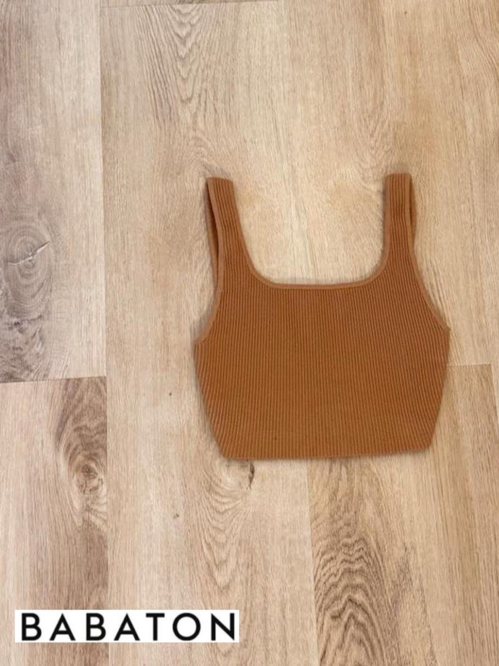 Babaton Ribbed Square-Neck Crop Tank in Camel Brown